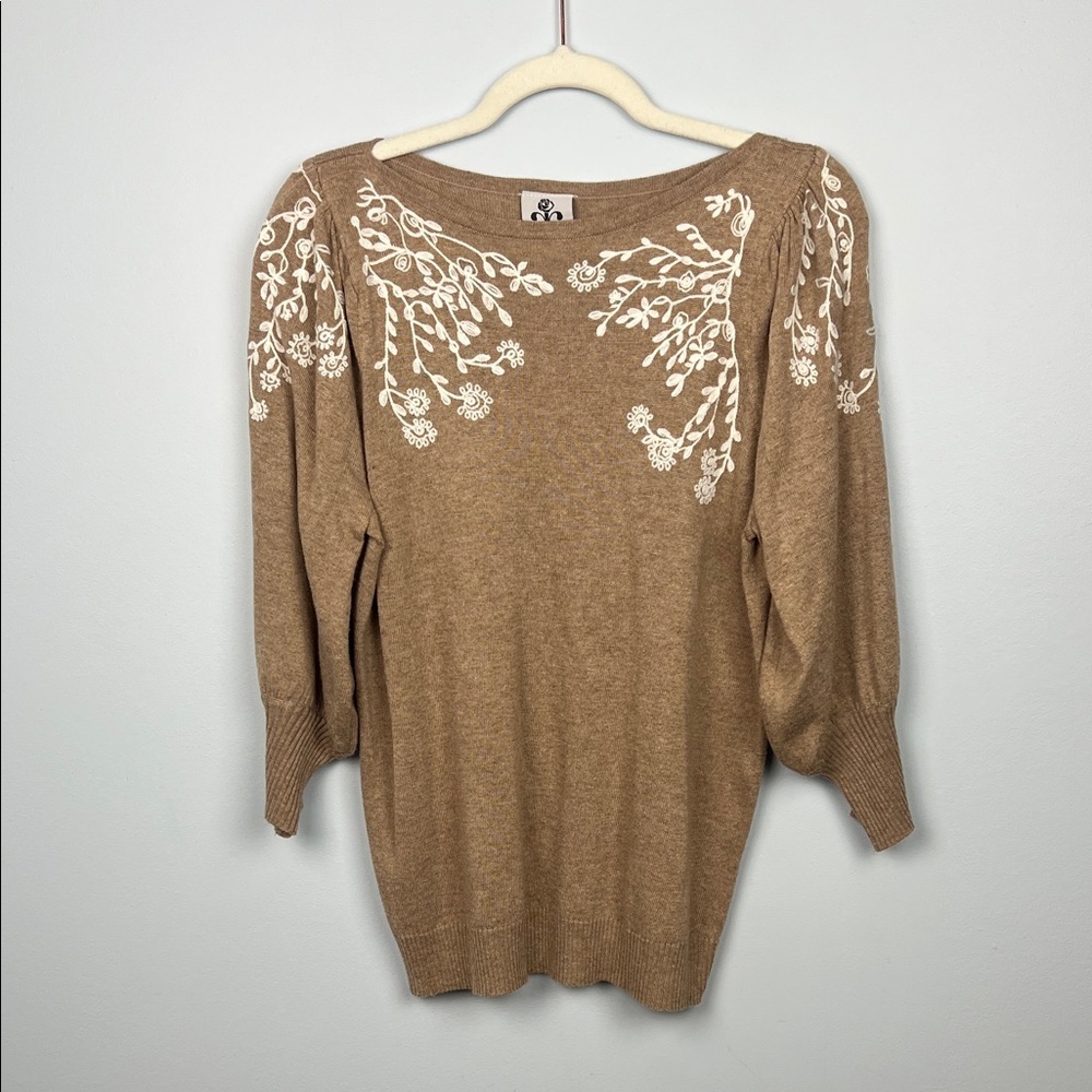 Rain + Rose medium angora blend embroidered pleated elbow length sleeved sweater